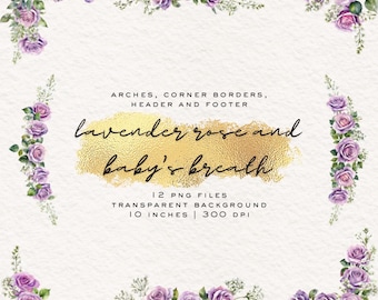Lavender Roses Watercolor Clipart: 12 PNG Floral Borders, Personal or Commercial Projects (Digital Download)