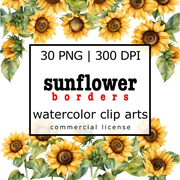 Sunflower Borders Watercolor Clip Art to compliment your Design Templates for your Personal or Commercial Projects Instant Digital Download