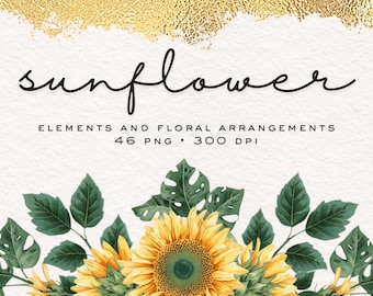 Sunflower Watercolor Clipart: 46 PNG Floral Design Elements and Arrangements (Digital Download)