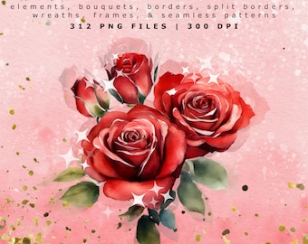 312 Red Roses Watercolor Clipart Bundle, Floral PNG Files (Digital Download)