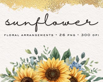 Sunflower Watercolor Clipart: 26 PNG Floral Arrangements for Personal or Commercial Projects (Digital Download)
