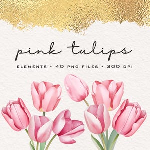Pink Tulips Watercolor Clipart: 40 PNG Floral Design Elements (Digital Download)
