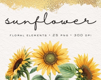 Sunflower Watercolor Clipart: 25 PNG Floral Design Elements, Personal or Commercial Projects (Digital Download)