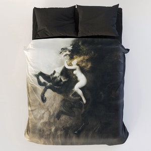 Roupa de cama premium com estampa artística de fantasia gótica – capa de edredom de algodão com imagem do fim do século "Frenzy of Rapture" + travesseiros