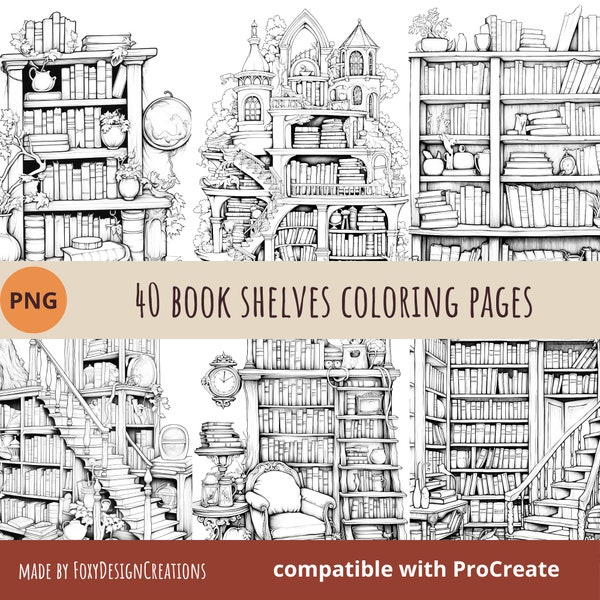 Bookshelf coloring pages for adults, reading tracker, book lover colouring page, grayscale coloring