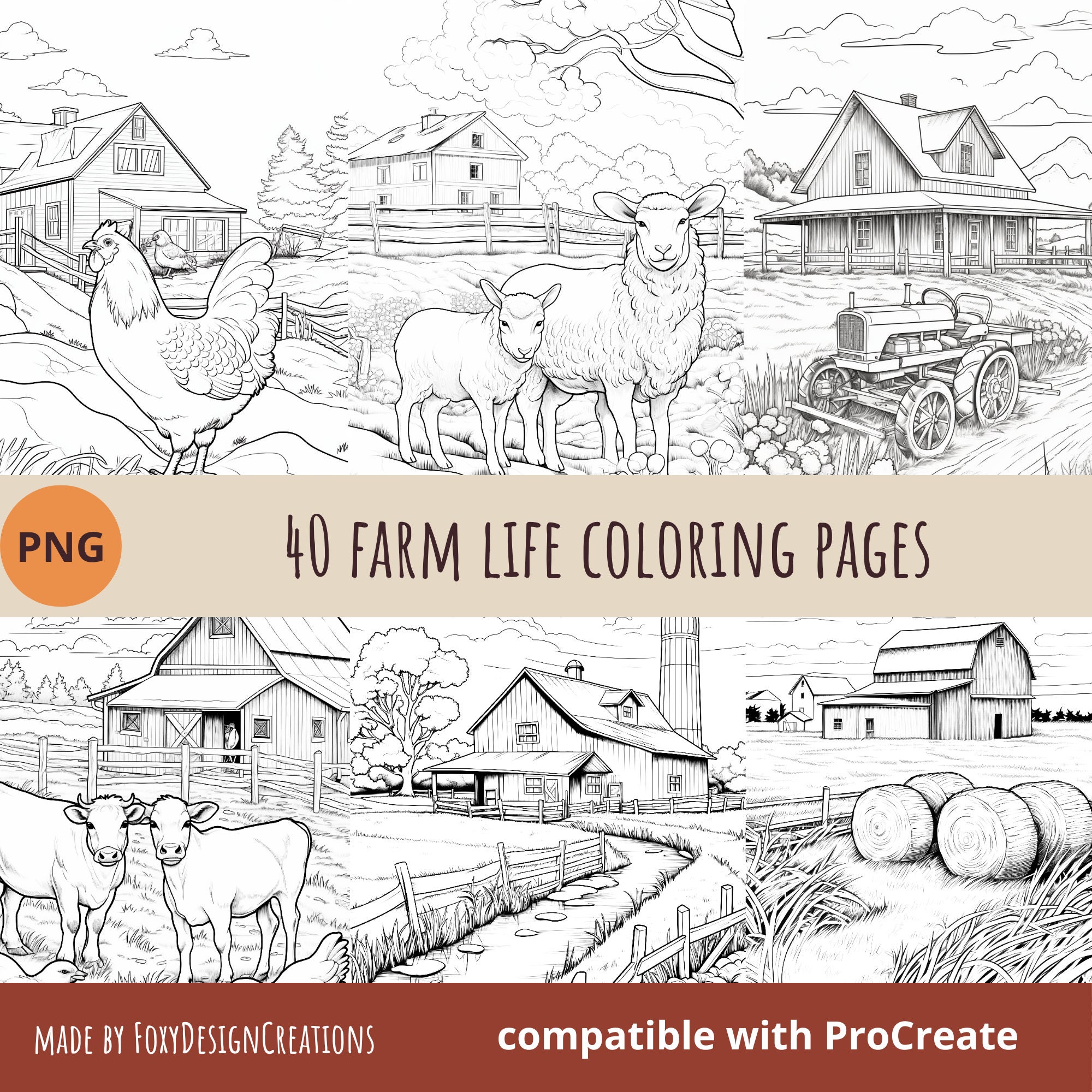 Farm Life Coloring Pages, Farm Animals Colouring Pages, Countryside Grayscale - Etsy