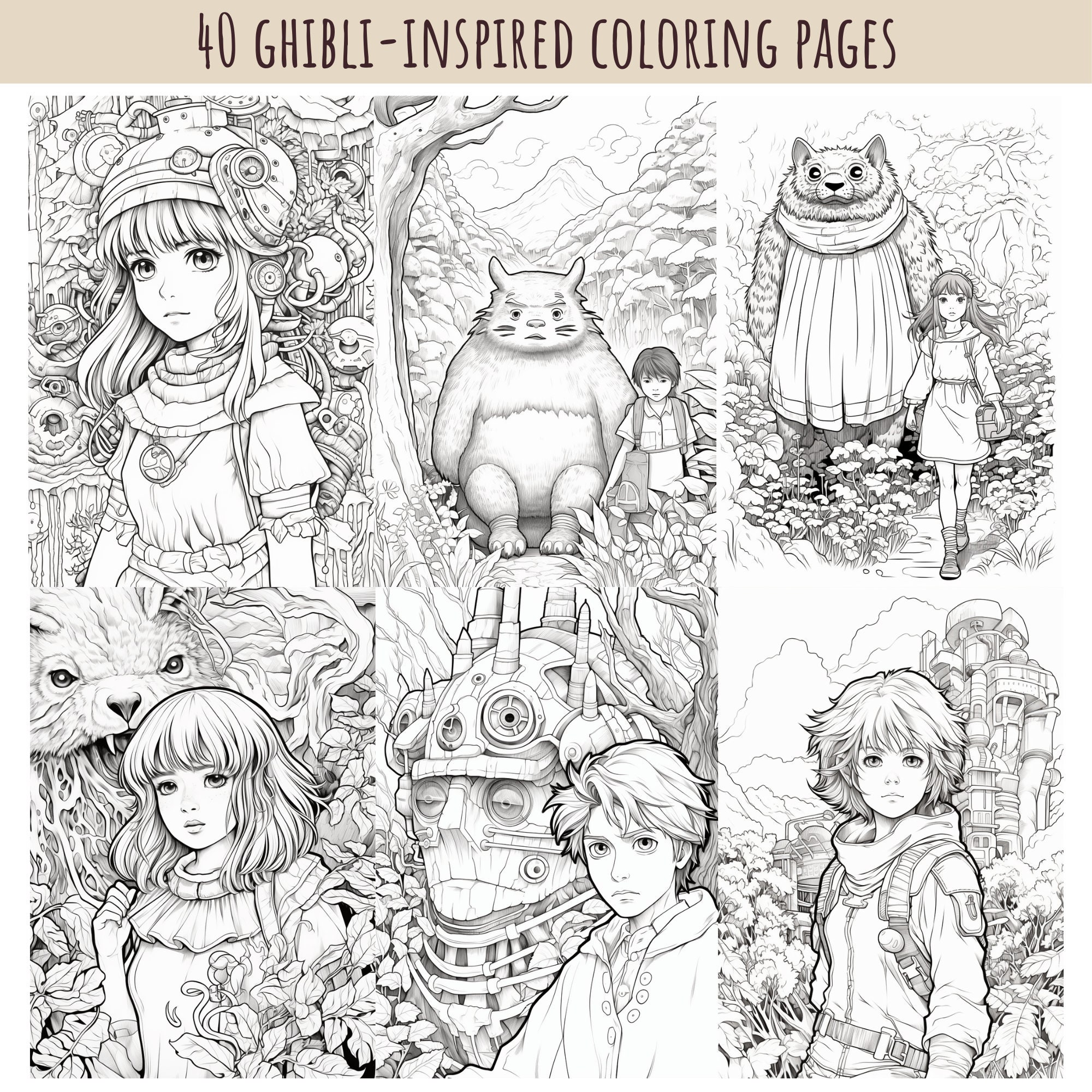 Ghibli-inspired Coloring Pages, Anime Colouring Page for Adults, Grayscale Coloring - Etsy
