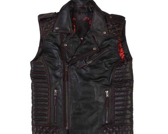 Men's Real Lambskin Leather Vest, Fully Quilted with Red Thread, Stylish Outerwear for Casual or Formal Occasions