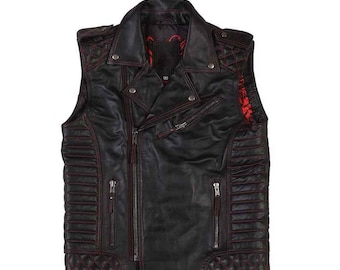 Men&#39;s Real Lambskin Leather Vest, Fully Quilted with Red Thread, Stylish Outerwear for Casual or Formal Occasions