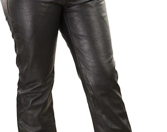 Pantalones vaqueros de cuero marrón para hombre: pantalones de napa de búfalo con corte acampanado.