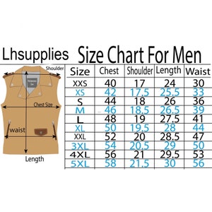 Puede incluir: Tabla de tallas para ropa de hombre con medidas en pulgadas para pecho, hombro, largo y cintura. Las tallas van de XXS a 5XL.