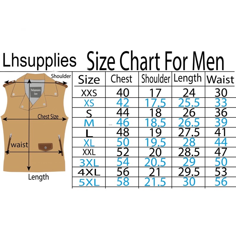 Puede incluir: Tabla de tallas para ropa de hombre con medidas en pulgadas para pecho, hombro, largo y cintura. Las tallas van de XXS a 5XL.
