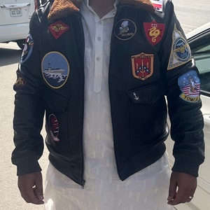 leather jacket fashion , aviation jacket tom cruise jacket jacket with patches Cowhide Real Leather Jacket-Pete Maverick Tom Cruise Leather