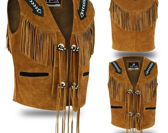 Men Tan Brown Suede Western Cowboy Leather Jacket With Fringe , gift vest hunting vest fashion vest , gift for him , real mens vest