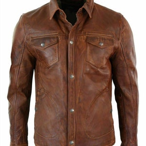 lhcraft Custom Brown Lambskin Motorcycle Biker Slim Fit Leather Shirt Jacket for Men | Vintage Style Customized Leather Shirt Jacket