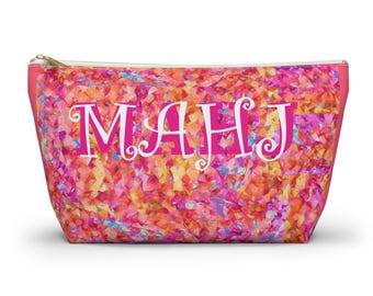 Mahjong Tiles Bag handy pouch is 12 inches in pink peach yellow, featuring "MAHJ", washable canvas fabric a simple zip bag for supplies.