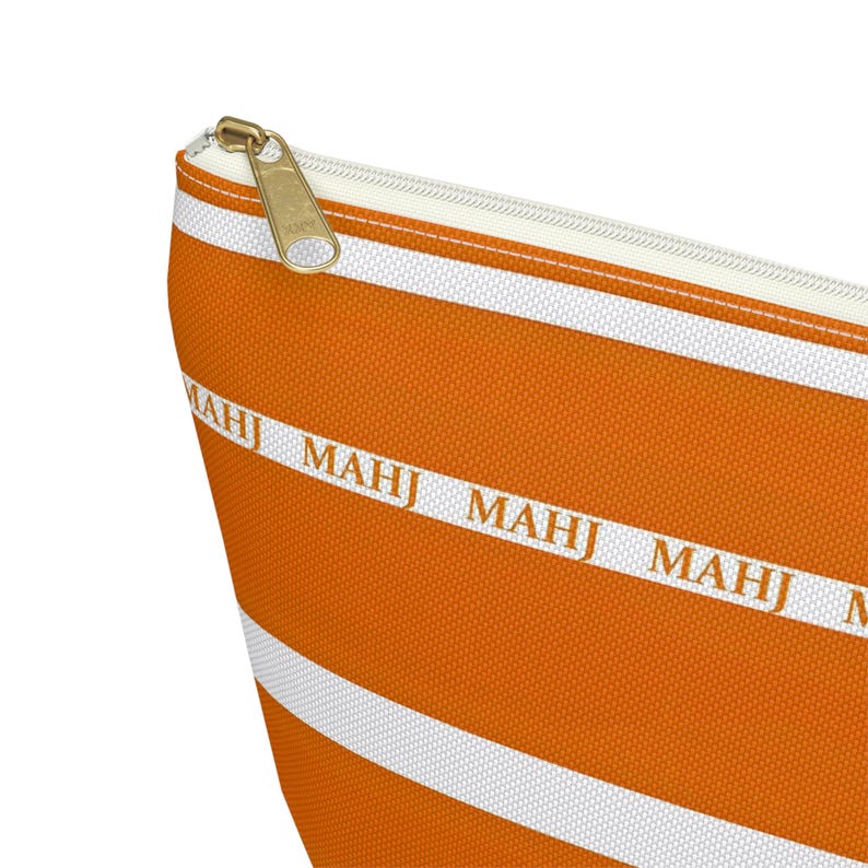 Bolsa para fichas de Mahjong, práctica y práctica, de 30 cm (12 pulgadas), en color naranja y blanco, con la inscripción "MAHJ". Fabricada en tela de lona lavable, es una sencilla bolsa con cremallera para guardar los accesorios. imagen 1