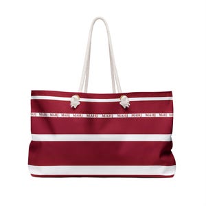 MAHJ Weekender Bag 24"x 13" in BURGUNDY and white is handy for toting the whole Mahjong game. It matches our most popular tile storage pouch image 4