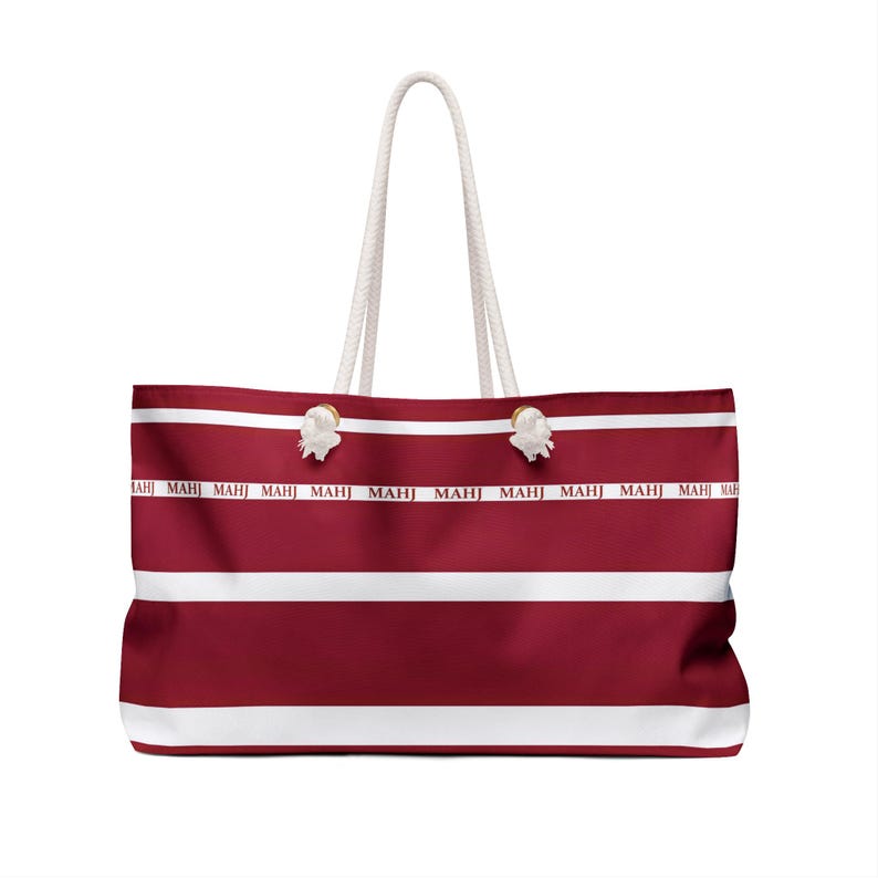 MAHJ Weekender Bag 24"x 13" in BURGUNDY and white is handy for toting the whole Mahjong game. It matches our most popular tile storage pouch image 4