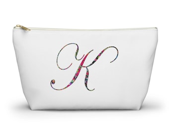 Personalized Accessory Pouch, large bag with monogram letter printed on fabric bag with zip top, J K L M N O P Q floral as shown 12" large