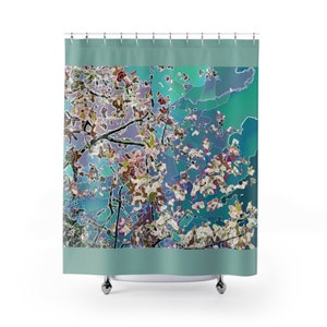 Beautiful Green Shower Curtain, flowering tree shower curtain. This artful shower curtain beautifies and sets an elegant tone. 71&quot; w, 74&quot; h