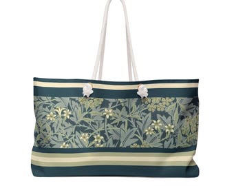 Travel Tote in Dark Blue and Cream Sage with Jasmine by William Morris. Hands-free convenience.