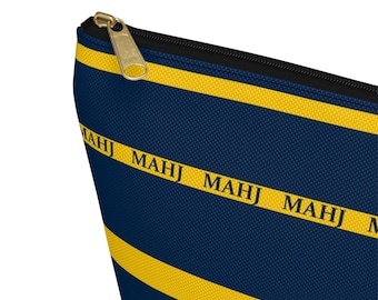 Mahjong Tiles Bag handy pouch is 12 inches in navy blue and yellow featuring "MAHJ", washable canvas fabric a simple zip bag for supplies.