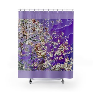Beautiful Purple Shower Curtain, flowering tree shower curtain. This artful shower curtain beautifies and sets an elegant tone. 71&quot; w, 74&quot; h