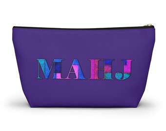 Colorful bag with MAHJ and MAHJONG printed on this versatile fabric pouch. handy 12" length. Great for organizing. Front & back DIFFERENT.
