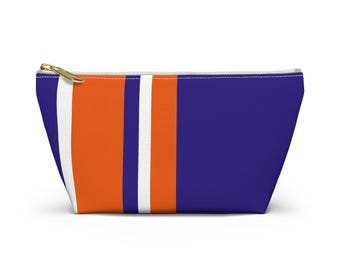 Bolsa para accesorios de maquillaje con base en T en azul, naranja y blanco. Bolsa de tela con base en T. ¡Organiza con estilo! Pequeña: 21 cm de largo o grande: 30 cm.
