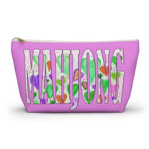 MAHJONG in ornate lettering on deep pink pouch 12" t-bottom zip top of soft washable durable fabric. For tiles! image 1