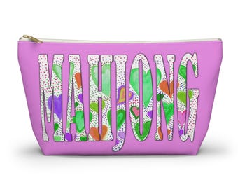MAHJONG in ornate lettering on deep pink pouch 12" t-bottom zip top of soft washable durable fabric. For tiles!