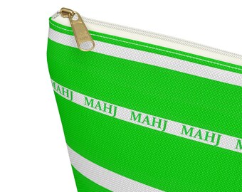 Mahjong Tiles Bag handy pouch is 12 inches, bright green and white featuring "MAHJ", washable canvas fabric a simple zip bag for supplies.