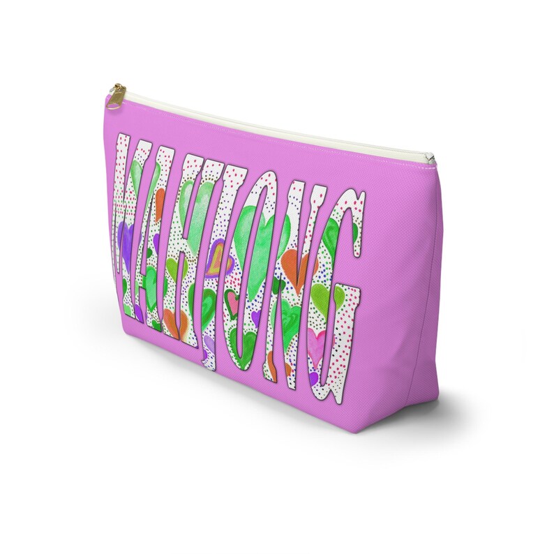 MAHJONG in ornate lettering on deep pink pouch 12" t-bottom zip top of soft washable durable fabric. For tiles! image 3