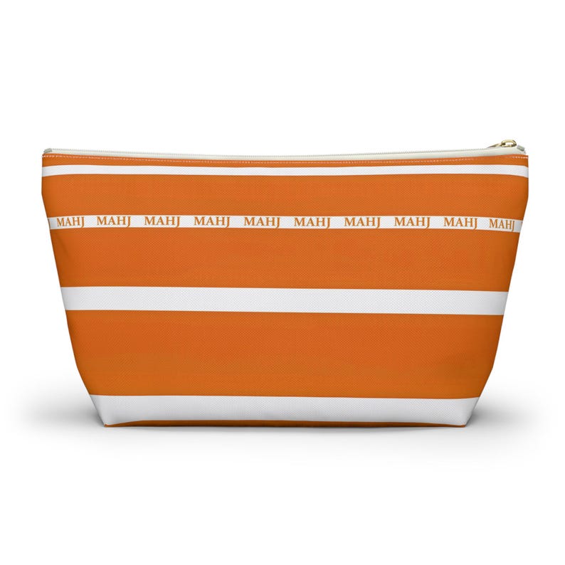 Bolsa para fichas de Mahjong, práctica y práctica, de 30 cm (12 pulgadas), en color naranja y blanco, con la inscripción "MAHJ". Fabricada en tela de lona lavable, es una sencilla bolsa con cremallera para guardar los accesorios. imagen 5