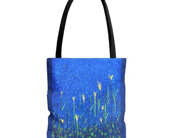 Wildflowers Tote Bag, Floral Canvas Bag, Blue and Yellow Bag, Decorative Tote Bag, Washable Fabric Bag, Yellow Wildflower April 2 by Cori