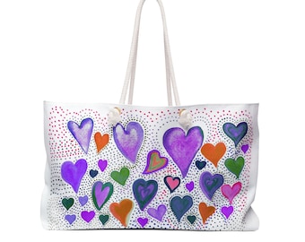 Bolso de fin de semana con diseño de corazones, blanco y morado, ¡ideal para la playa, el club de lectura o una partida de Mahjong!