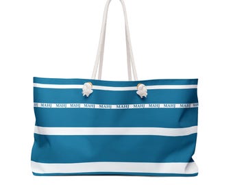 MAHJ Weekender Bag 24" x 13" is handy for toting the whole Mahjong game. It matches our most popular tile storage pouch in blue and white.