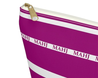 Mahjong Tiles Bag handy pouch is 12 inches, GRAPE color and white featuring "MAHJ", washable canvas fabric a simple zip bag for supplies.
