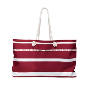 MAHJ Weekender Bag 24"x 13" in BURGUNDY and white is handy for toting the whole Mahjong game. It matches our most popular tile storage pouch image 1