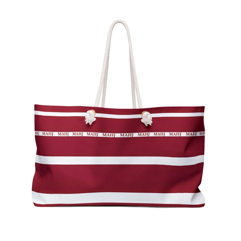 MAHJ Weekender Bag 24"x 13" in BURGUNDY and white is handy for toting the whole Mahjong game. It matches our most popular tile storage pouch image 1