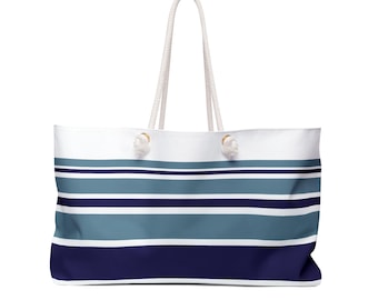 Light Blue, Navy and White Striped Weekender Bag - Colorful Travel Tote, great for a fun trip. Nautical Stripe
