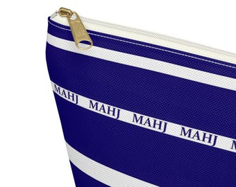 Mahjong Tiles Bag handy pouch is 12 inches in Royal Blue and white featuring "MAHJ", washable canvas fabric a simple zip bag for supplies.