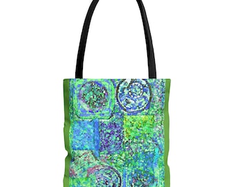 Vibrant Green and Blue Abstract Design Tote Bag, reusable bag for shopper book bag gift for student, hands-free utility 13"(s) 16"(m) 18"(l)