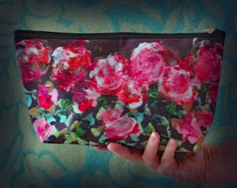 12.6 inch long, 3 in wide, 7 in high, Rose Floral Design, Accessory Pouch w T-bottom, Fabric Pouch Decorative Floral Pouch Colorful Roses