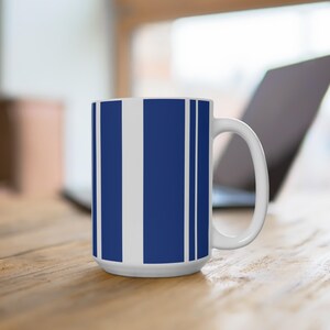 Striped Mug 15oz Blue and White vertical stripes.