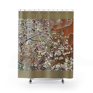 Beautiful Brown Shower Curtain, flowering tree shower curtain. This artful shower curtain beautifies and sets an elegant tone. 71&quot; w 74&quot; h