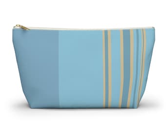 Bolsa grande para accesorios en azul y canela con cremallera superior blanca y base en T de lona lavable. Ideal como regalo para mamá, maestra, estudiante o para ti.