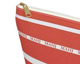 Mahjong Tiles Bag handy pouch is 12 inches in CORAL and white featuring "MAHJ", washable canvas fabric a simple zip bag for supplies.