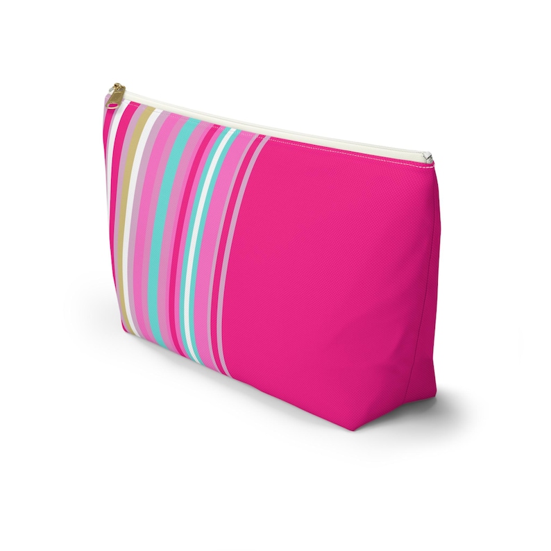 Pink Striped Accessory Pouch: Washable Fabric Bag (12 inch) Great for Mahjong tiles! image 4